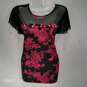 Atelier 29 Black & Red Floral Pull-Over Flutter Sleeve Rhinestone Blouse NWT S